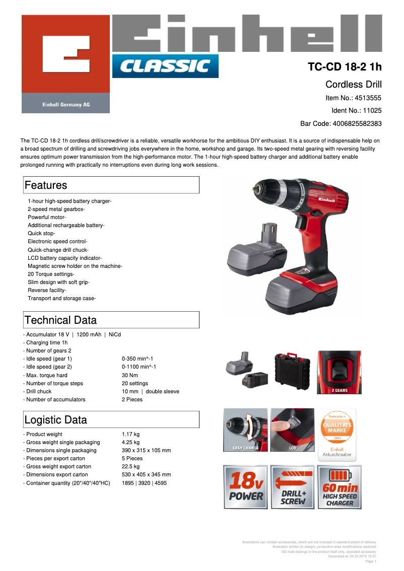 Page n°1 - Fiche technique Einhell TC-CD 18-2 1h