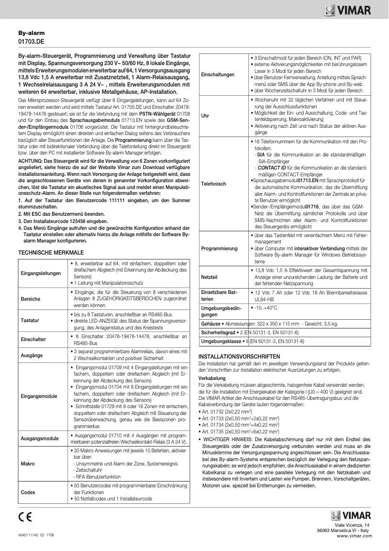 Page n°1 - Manuel utilisateur Vimar 01703.DE