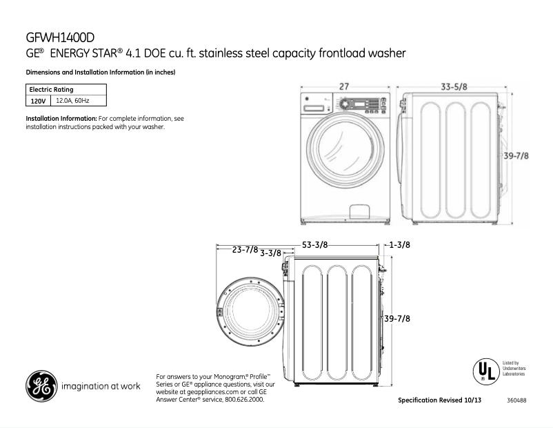Page n°1 - Fiche technique GE GFWH1400DWW