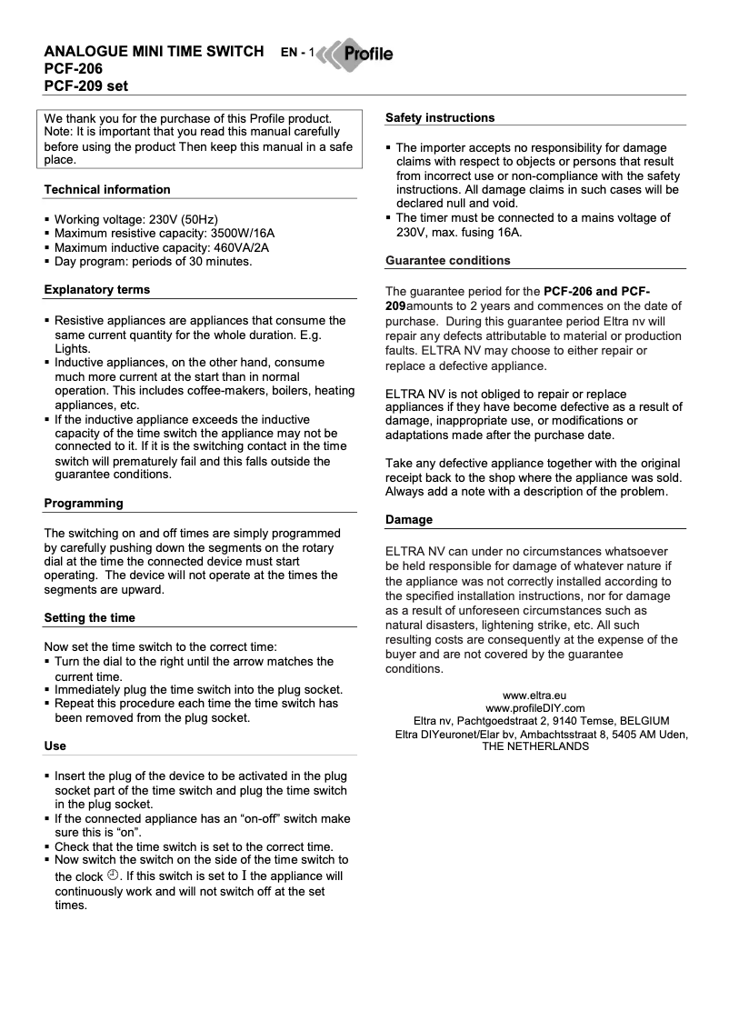 Page 1 de la notice Manuel utilisateur Profile PCF-209 Set