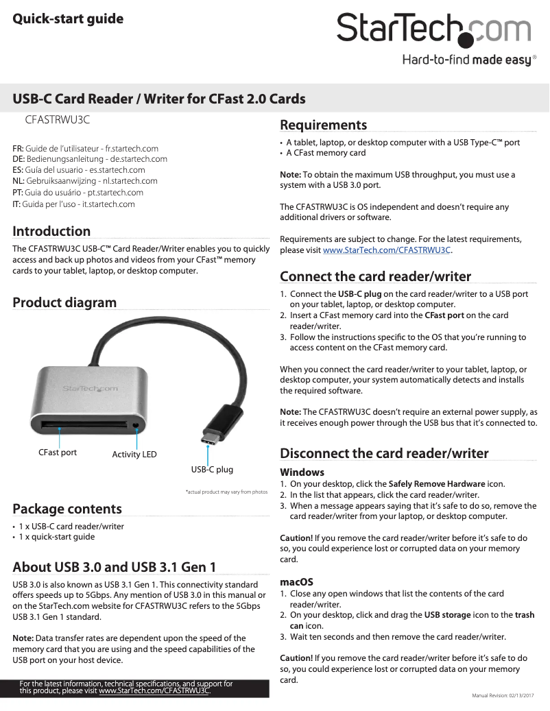 Page n°1 - Manuel utilisateur StarTech.com CFASTRWU3C