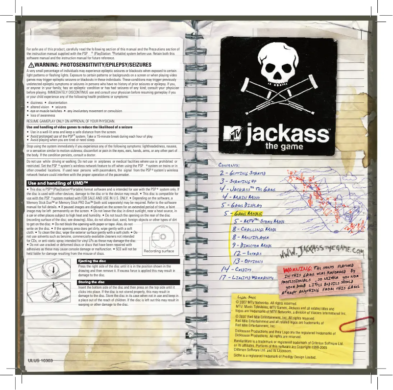 Image de la première page du manuel de l'appareil Jackass - The (PSP)