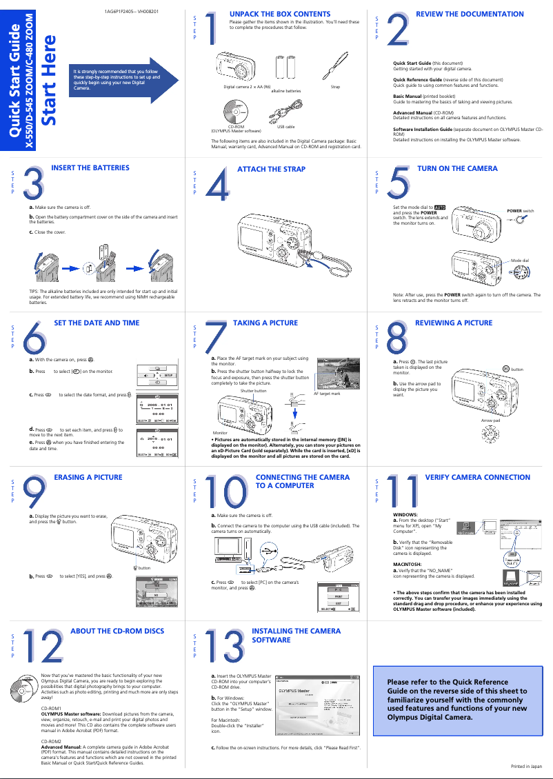 Page 1 de la notice Guide de démarrage rapide Olympus Camedia C-480 Zoom