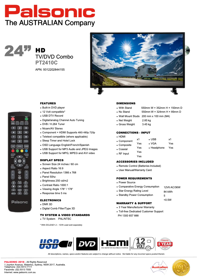 Page n°1 - Fiche technique Palsonic PT2410C