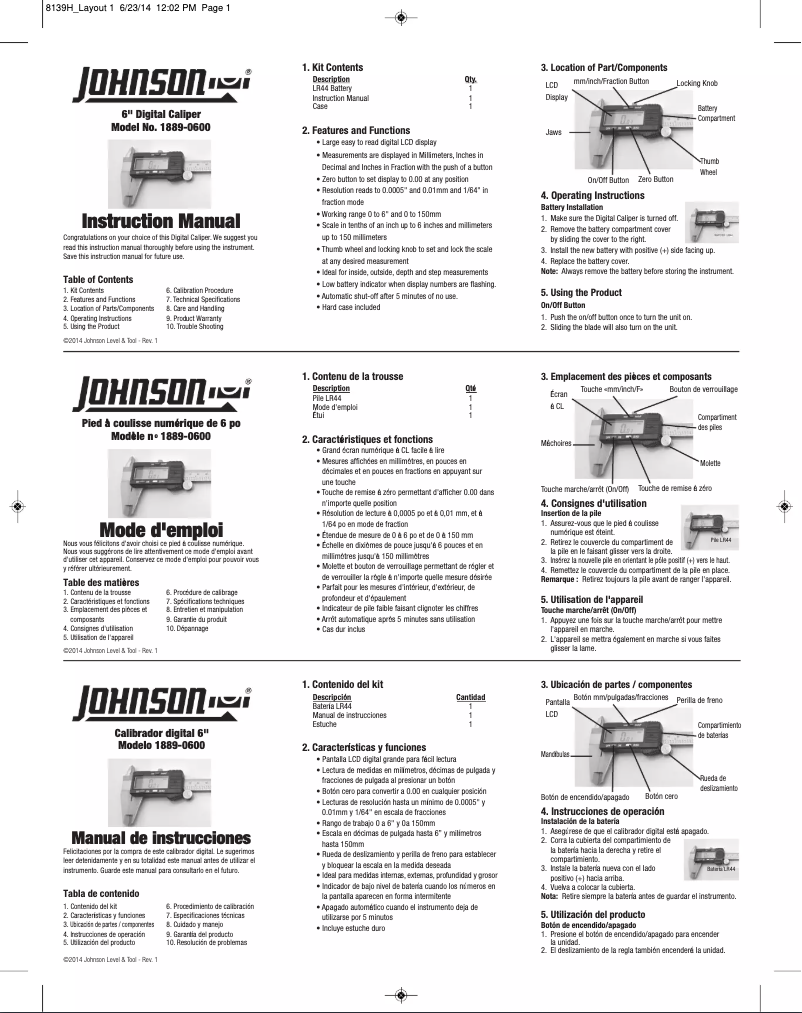 Page n°1 - Manuel utilisateur Johnson Level 1889-0600