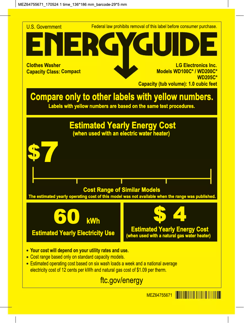 Page 1 de la notice Label énergétique LG WD205CK
