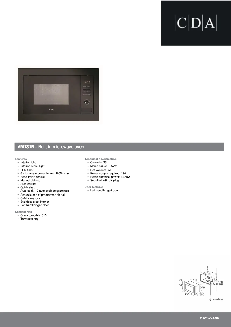 Page 1 de la notice Fiche technique CDA VM131BL