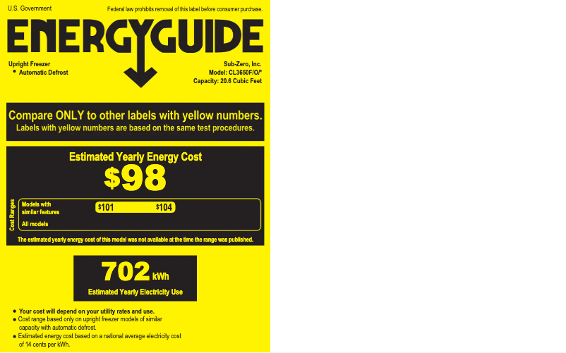 Page 1 de la notice Label énergétique Sub-Zero CL3650F/O