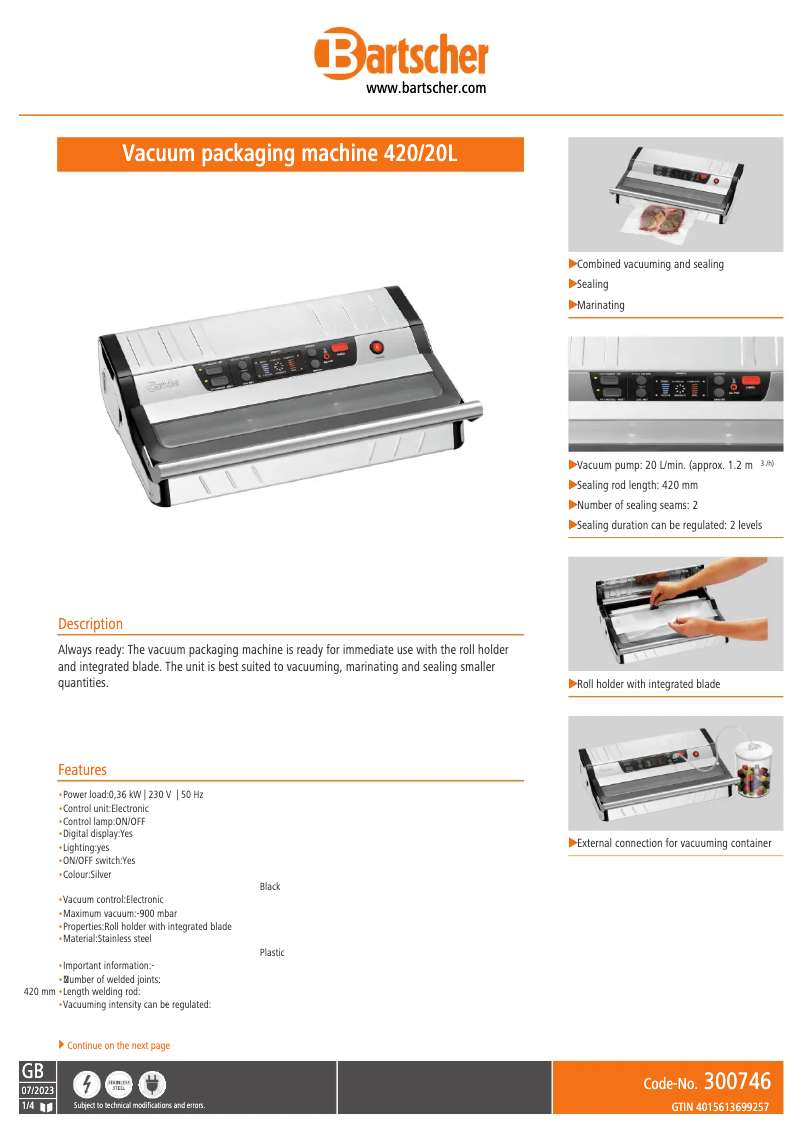 Page n°1 - Fiche technique Bartscher 300746