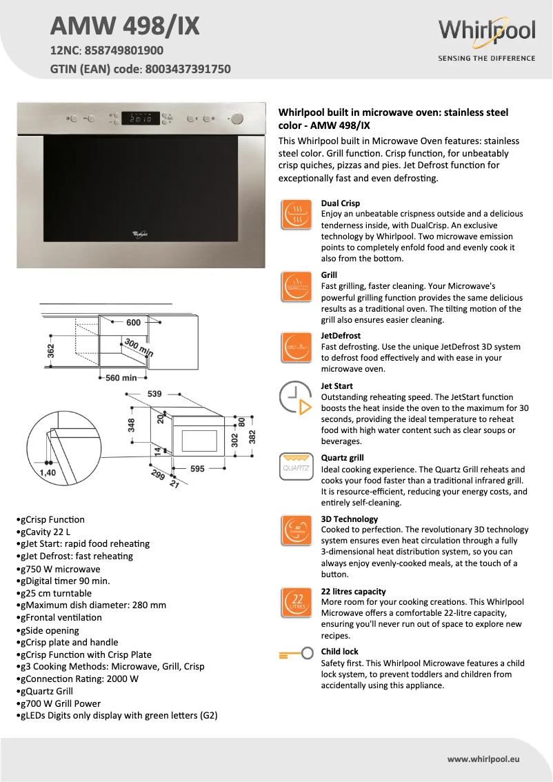Page 1 de la notice Fiche technique Whirlpool AMW 498
