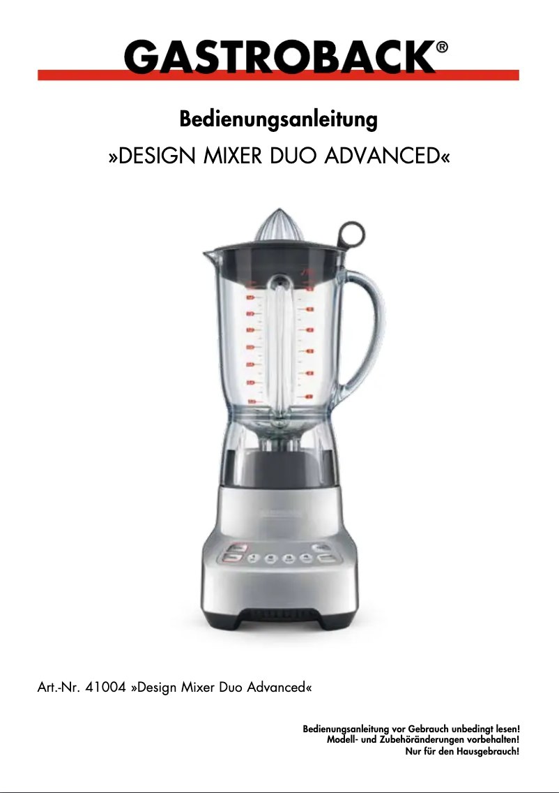Page 1 de la notice Manuel utilisateur Gastroback Design Mixer Duo Advanced 41004