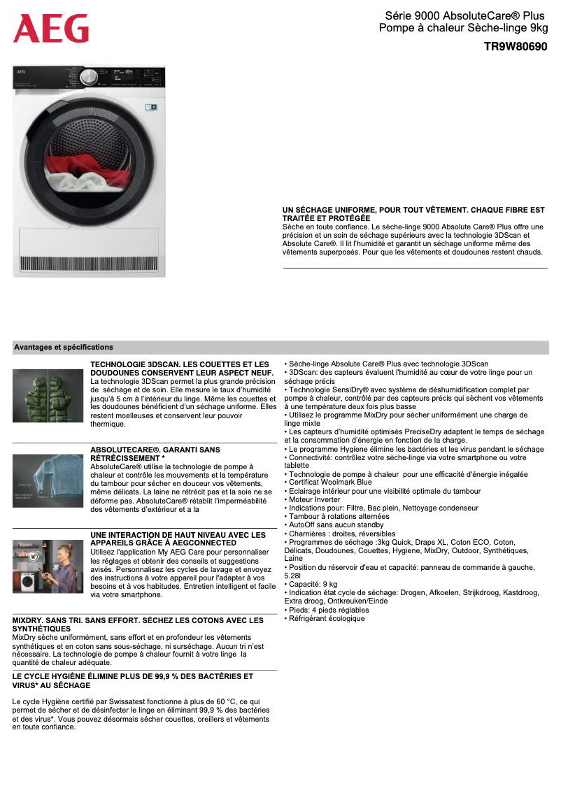 Page n°1 - Fiche technique AEG TR9W80690