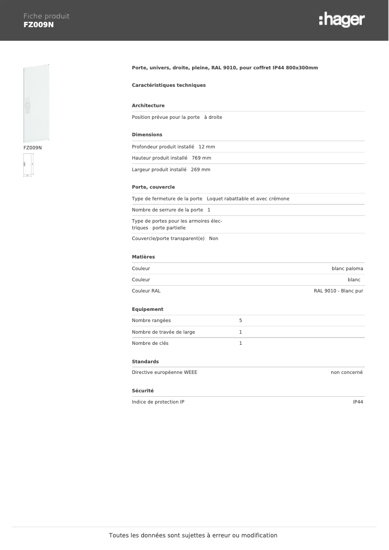 Page 1 de la notice Fiche technique Hager FZ009N