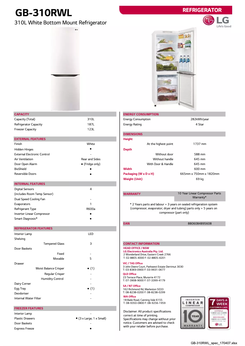 Page 1 de la notice Fiche technique LG GB-310RWL