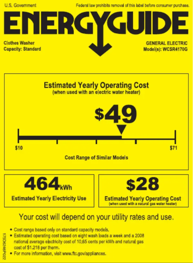 Page 1 de la notice Label énergétique GE WCSR4170GWW