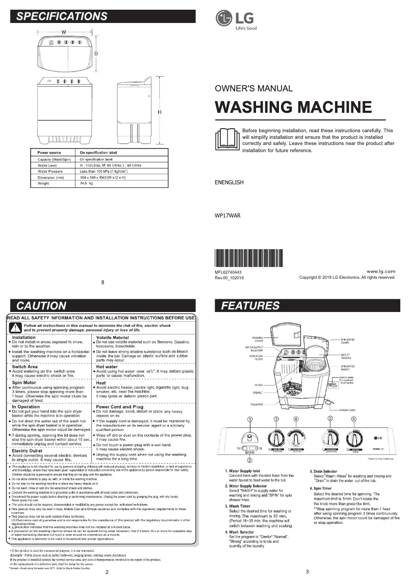 Page n°1 - Manuel utilisateur LG WP17WAR