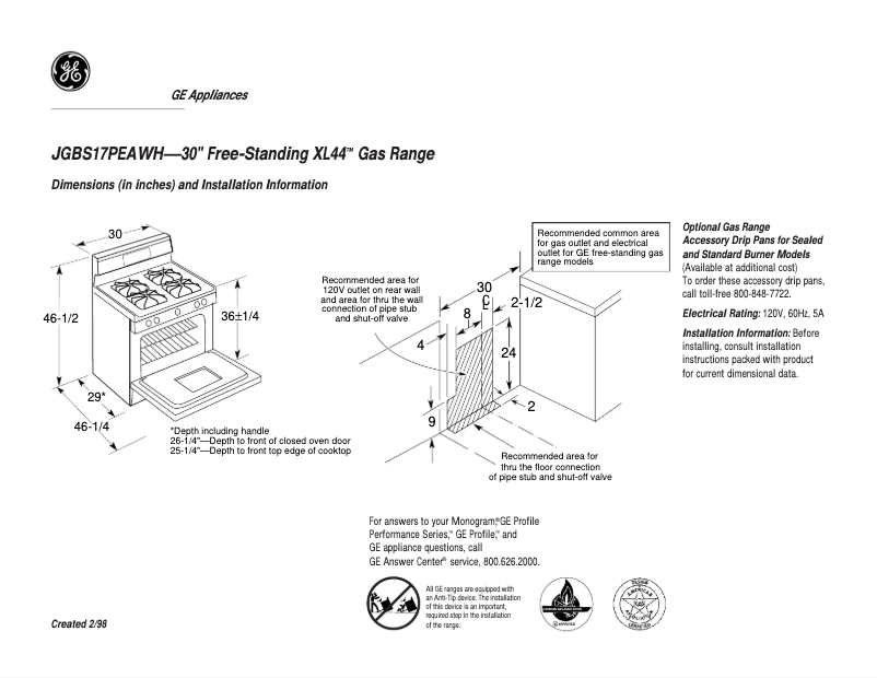 Page n°1 - Fiche technique GE JGBS17PEAWH