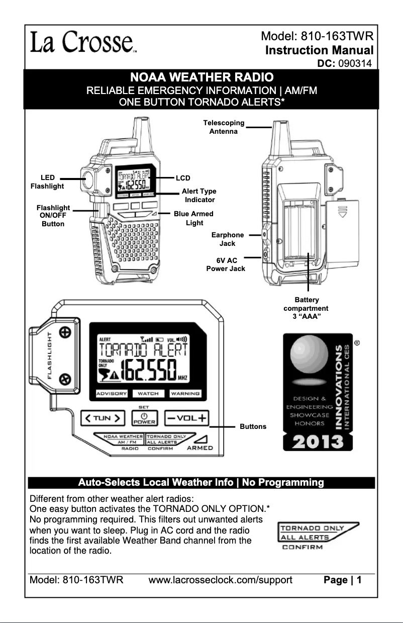 Page 1 de la notice Manuel utilisateur La Crosse Technology 810-163TWR