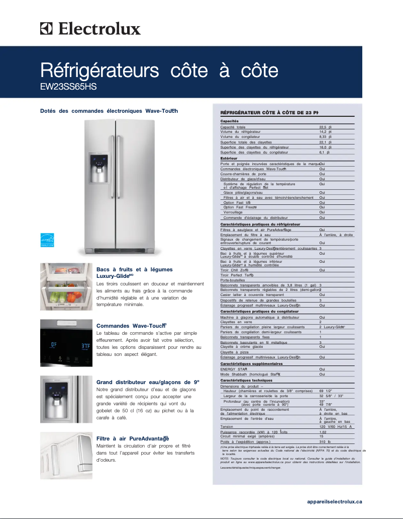 Page 1 de la notice Fiche technique Electrolux EW23SS65HB