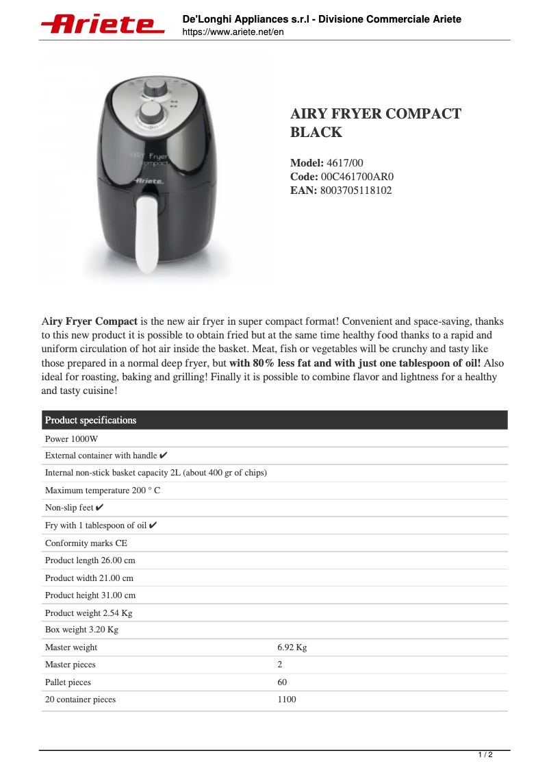 Image de la première page du manuel de l'appareil Airy Fryer Compact 4617