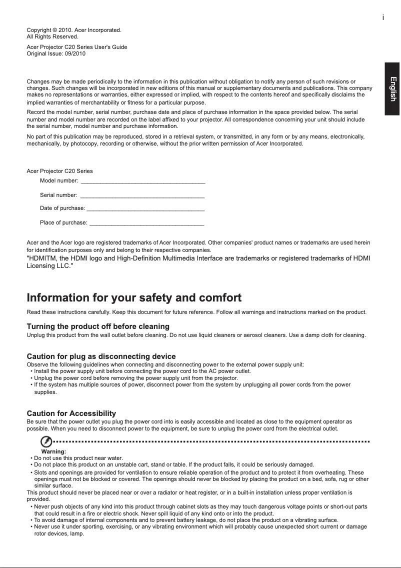 Page 1 de la notice Manuel utilisateur Acer Pico C20