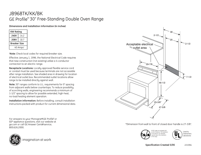 Page n°1 - Fiche technique GE Profile JB968KKCC