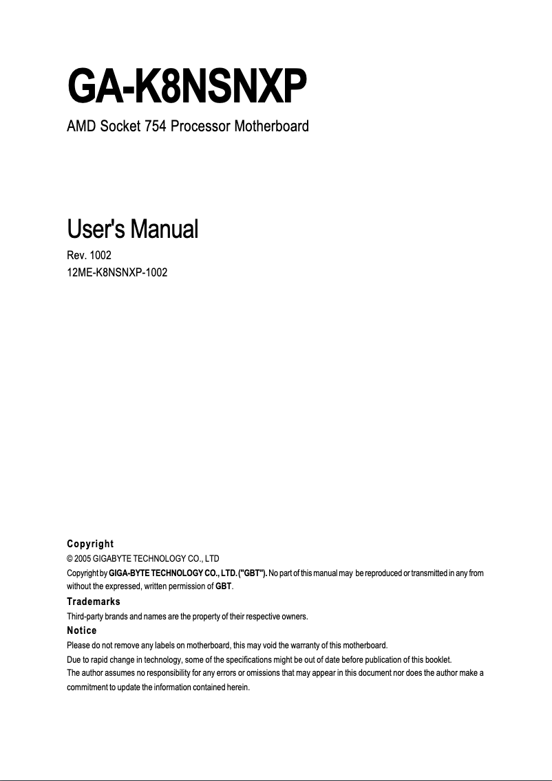 Page n°1 - Manuel utilisateur Gigabyte GA-K8NSNXP