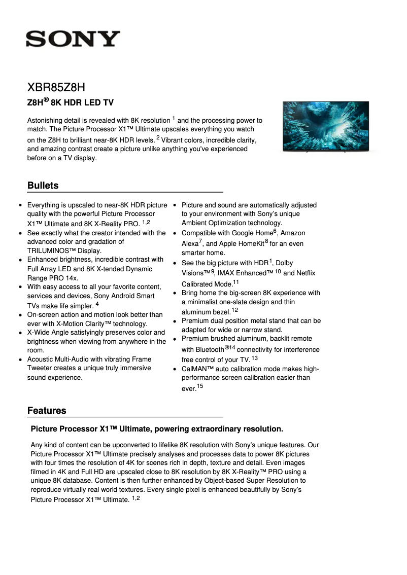 Page n°1 - Fiche technique Sony XBR-85Z8H