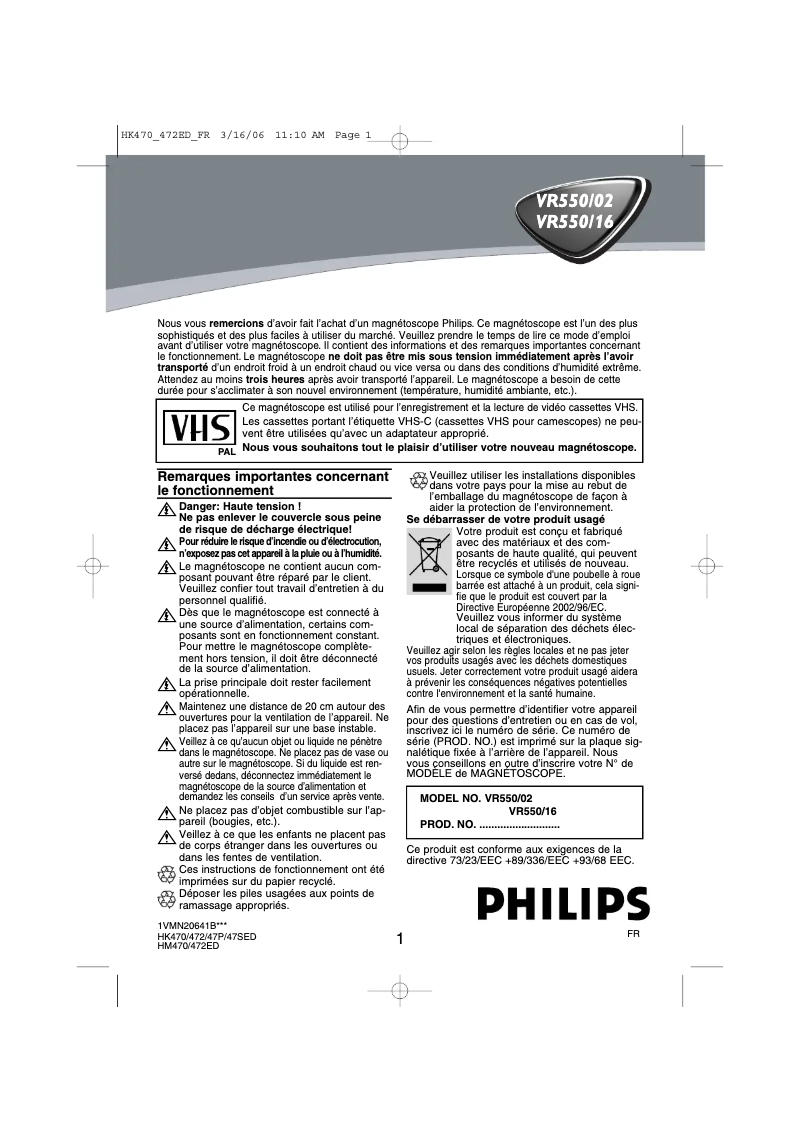 Page 1 of the manual User Manual Philips VR550