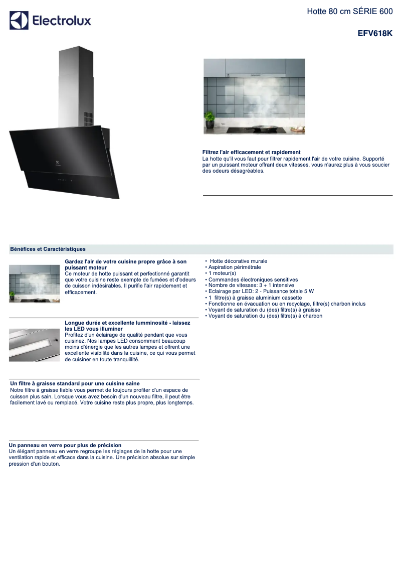 Page 1 de la notice Fiche technique Electrolux EFV618K