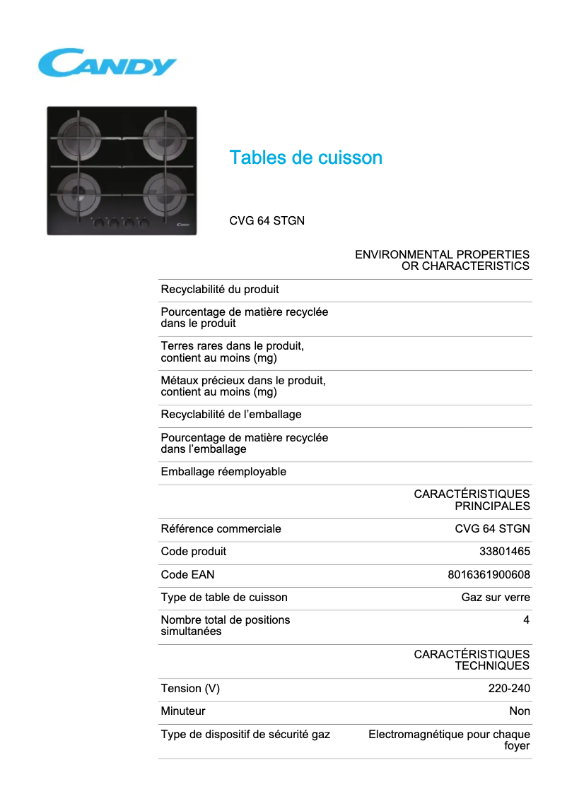 Page n°1 - Fiche technique Candy CVG 64 STGN