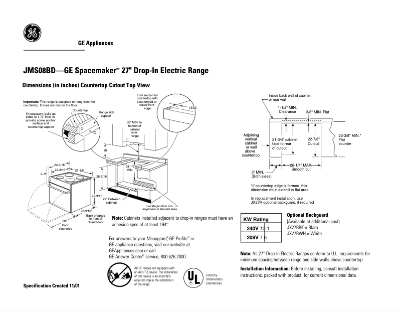 Página 1 del manual Ficha técnica GE JMS08BDCT