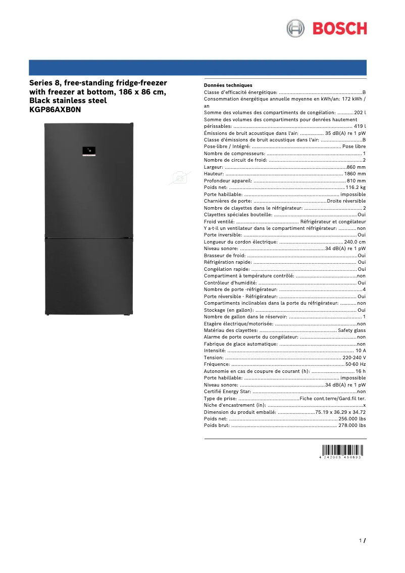 Page n°1 - Fiche technique Bosch KGP86AXB0N