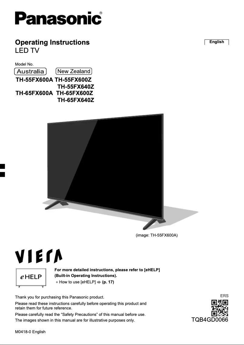 Page 1 de la notice Manuel utilisateur Panasonic TH-65FX600A