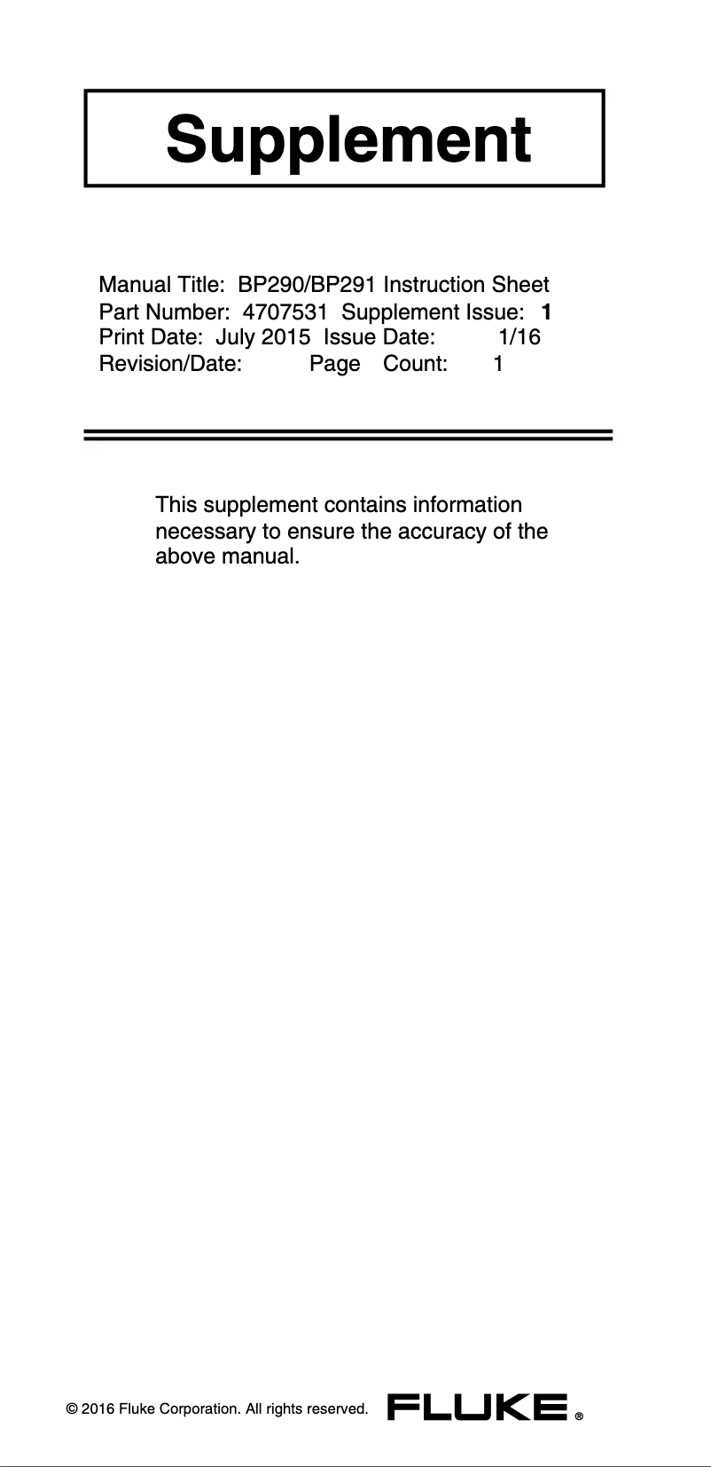 Page 1 de la notice Mode d'emploi Fluke BP291