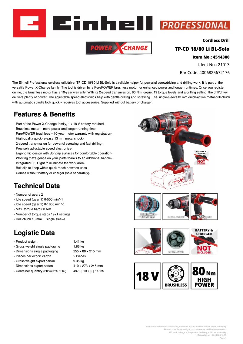 Page 1 de la notice Fiche technique Einhell TP-CD 18/80 Li BL