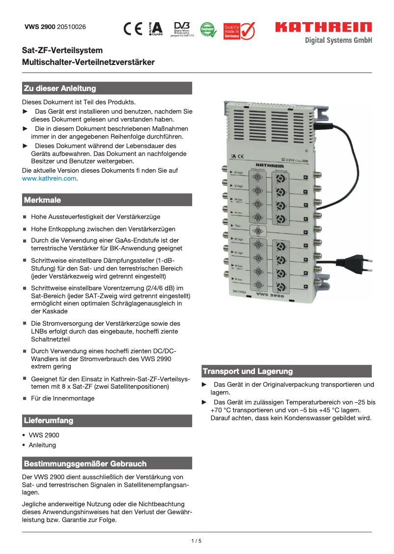 Page n°1 - Manuel utilisateur Kathrein VWS 2900