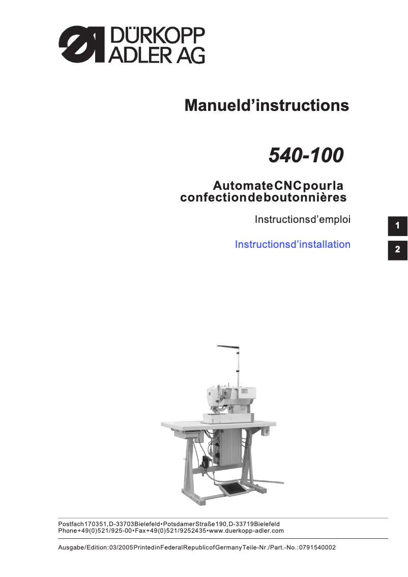 Page n°1 - Guide d'installation Dürkopp Adler 540