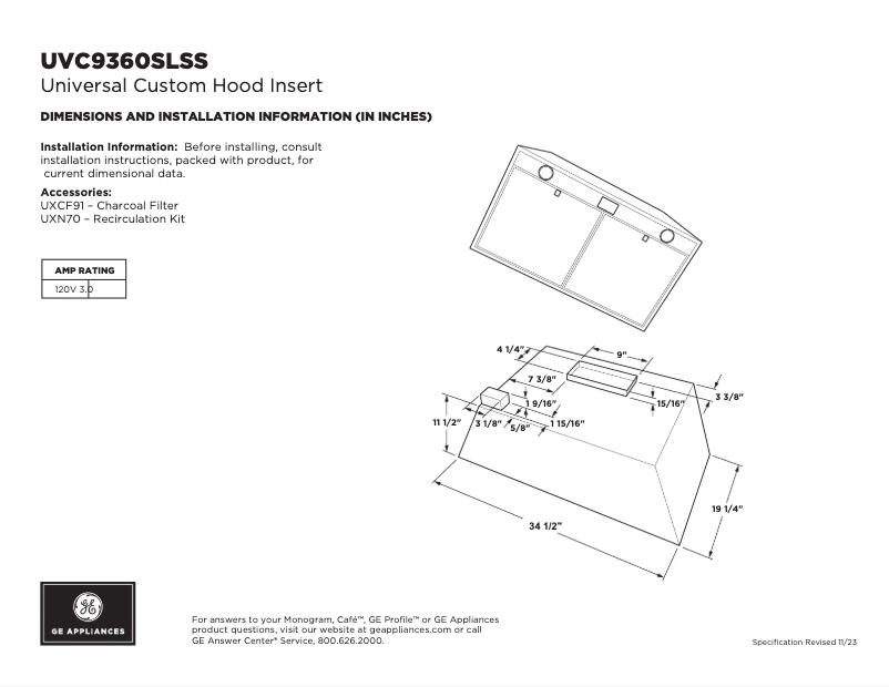 Page n°1 - Fiche technique Monogram UVC9360SLSS