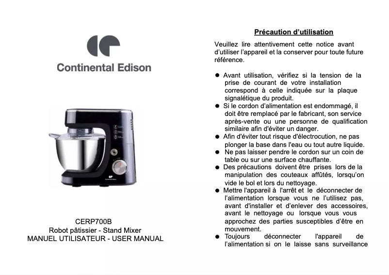 Page 1 de la notice Manuel utilisateur Continental Edison CERP700B