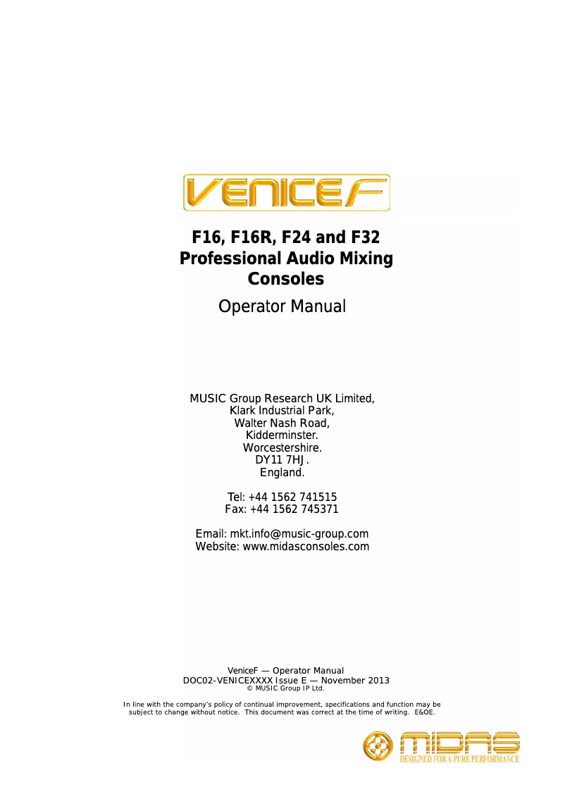 Page n°1 - Manuel utilisateur Midas VeniceF F32
