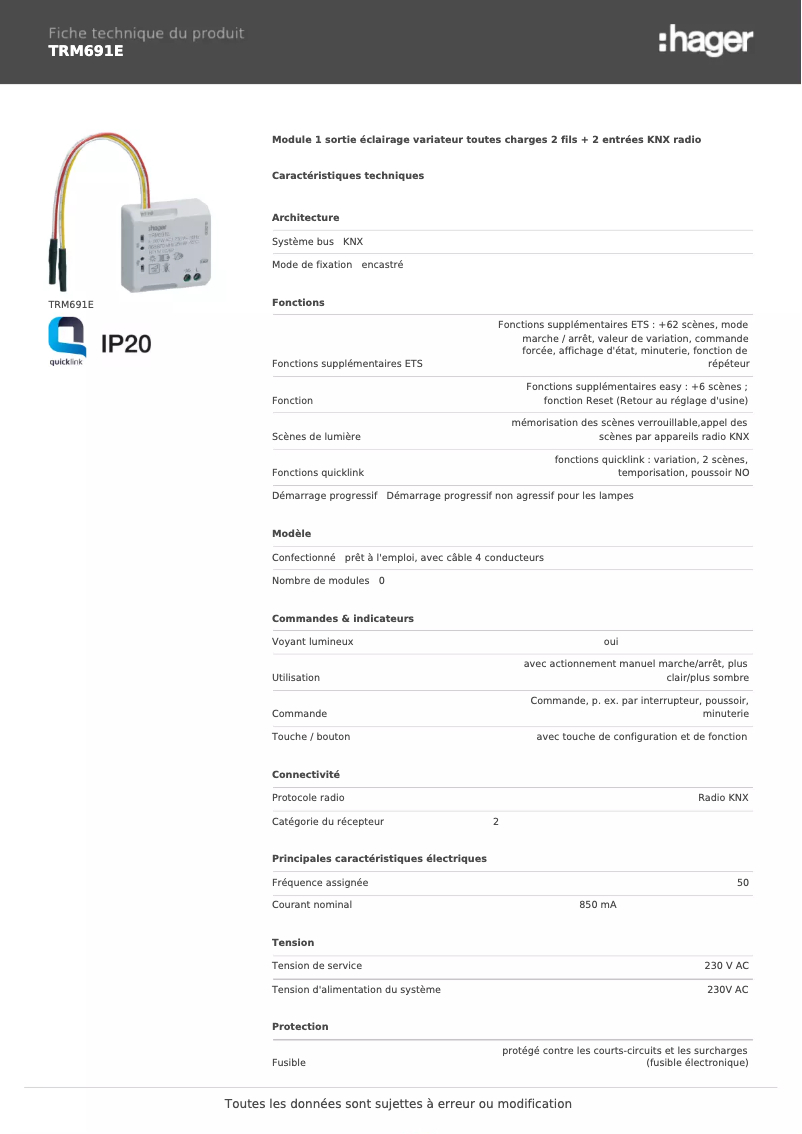 Page 1 de la notice Fiche technique Hager TRM691E