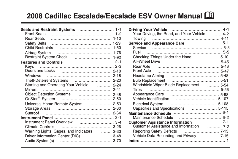Image de la première page du manuel de l'appareil Escalade (2008)