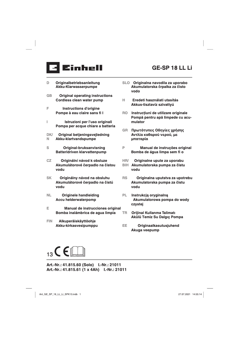 Page n°1 - Manuel utilisateur Einhell GE-SP 18 LL Li