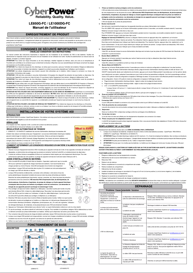 Page 1 de la notice Manuel utilisateur CyberPower LE1000DG-FC