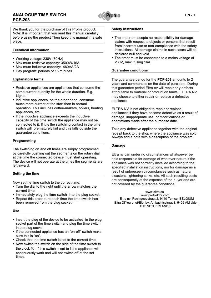 Page n°1 - Manuel utilisateur Profile PCF-203