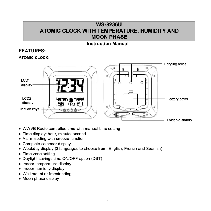 Page 1 de la notice Manuel utilisateur La Crosse Technology WS-8236U-AL