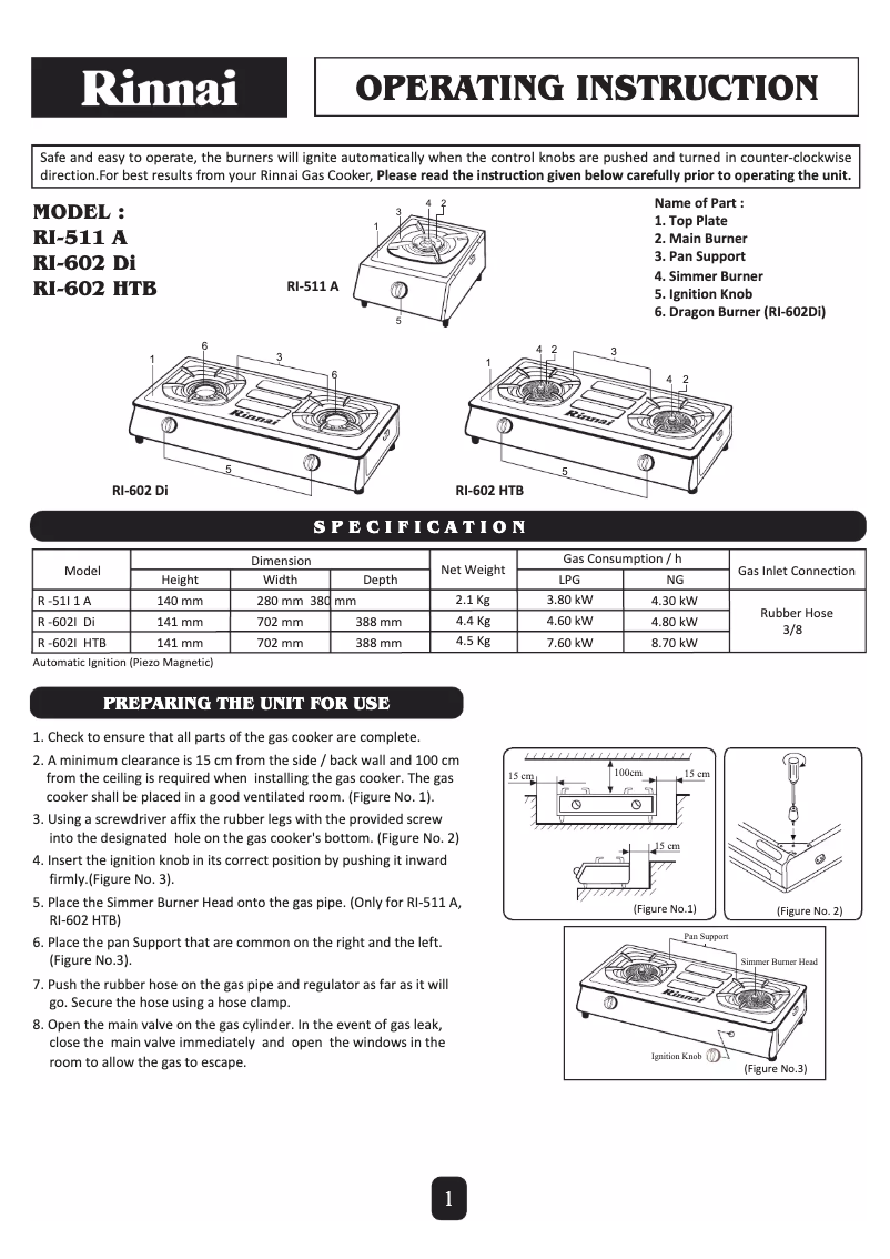 Page n°1 - Manuel utilisateur Rinnai RI-602HTB-S
