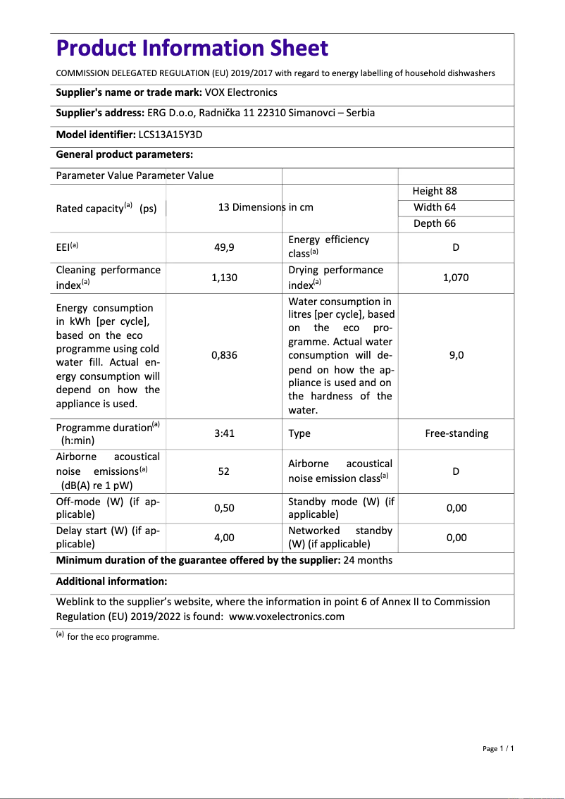 Page 1 de la notice Fiche technique VOX LCS13A15Y3D