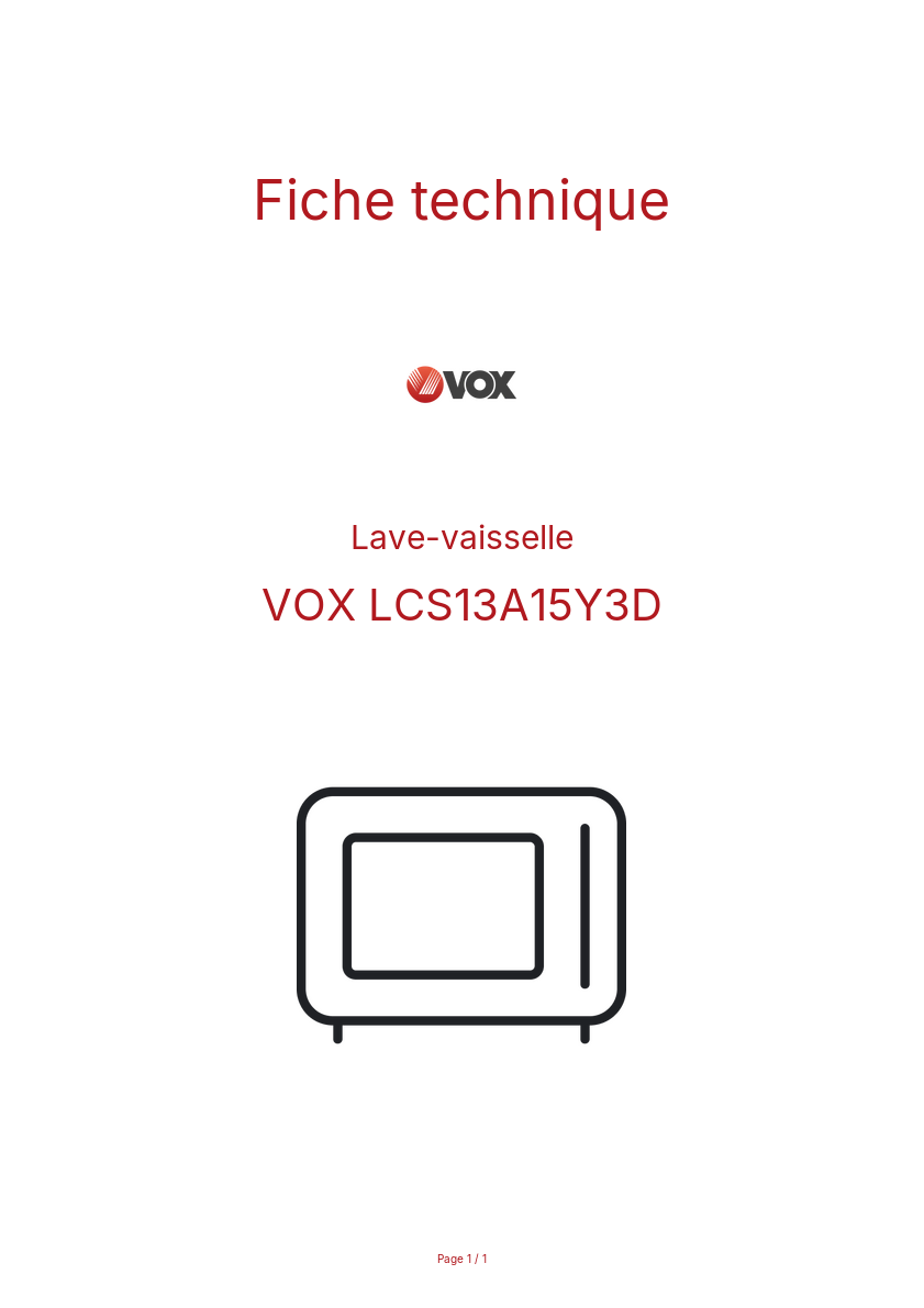 Page n°1 - Fiche technique VOX LCS13A15Y3D